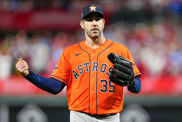 Astros ace Justin Verlander celebrates the last out in the fifth inning in Game 5 of the 2022 World Series.